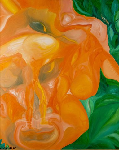 Leuchtend orangefarbene Blüte auf grünem Hintergrund, kunstvoll gemalt.